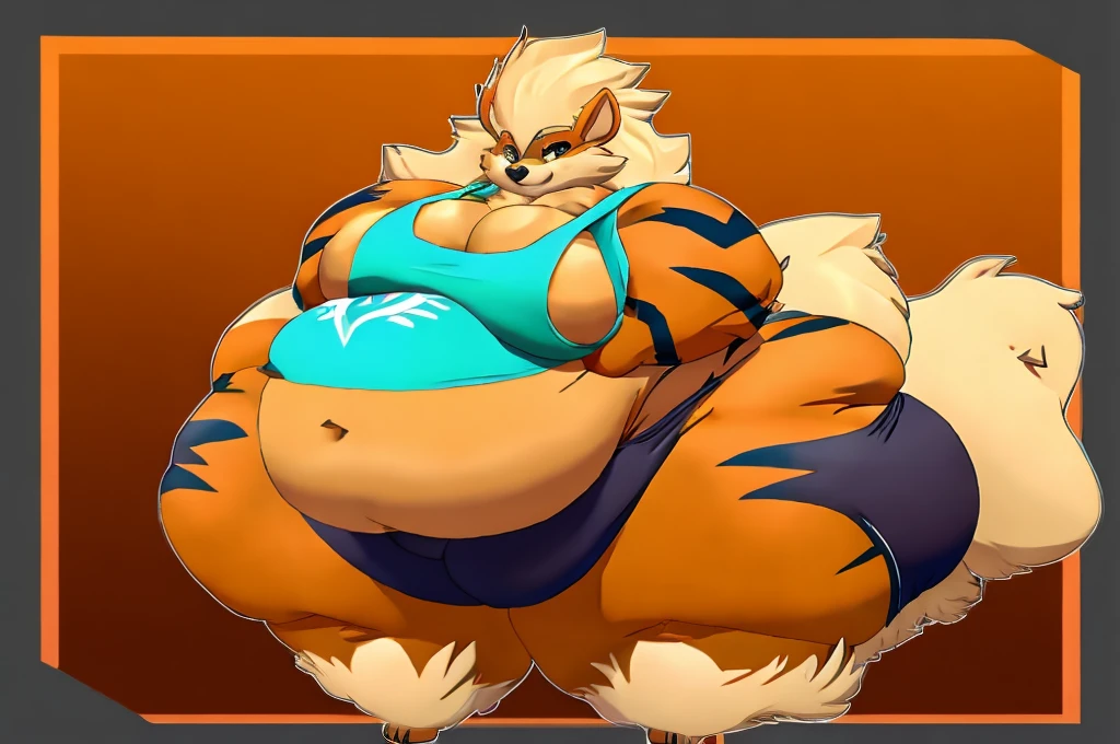 Arcanine, female, long hair, huge breasts, huge hips, huge thighs,big belly,fat arms, fat legs,tank top, sweatshorts