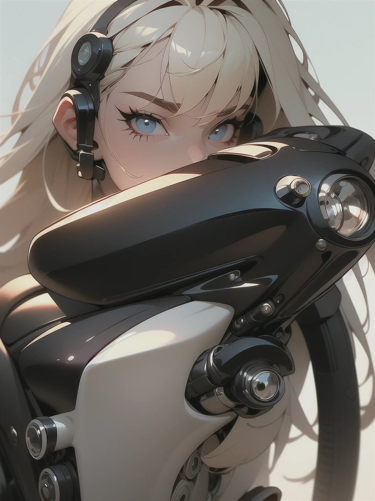 Masterpiece, (Masterpiece, Superior quality, Best Quality),1 girl, Alone, mono, old, wide, White background, SMILE, simple background, medium old, hull, looking at the viewer, tight skin, session, lips, blue mono, motorcycle, black gloves, gloves, whole body, sobre motorcycle.