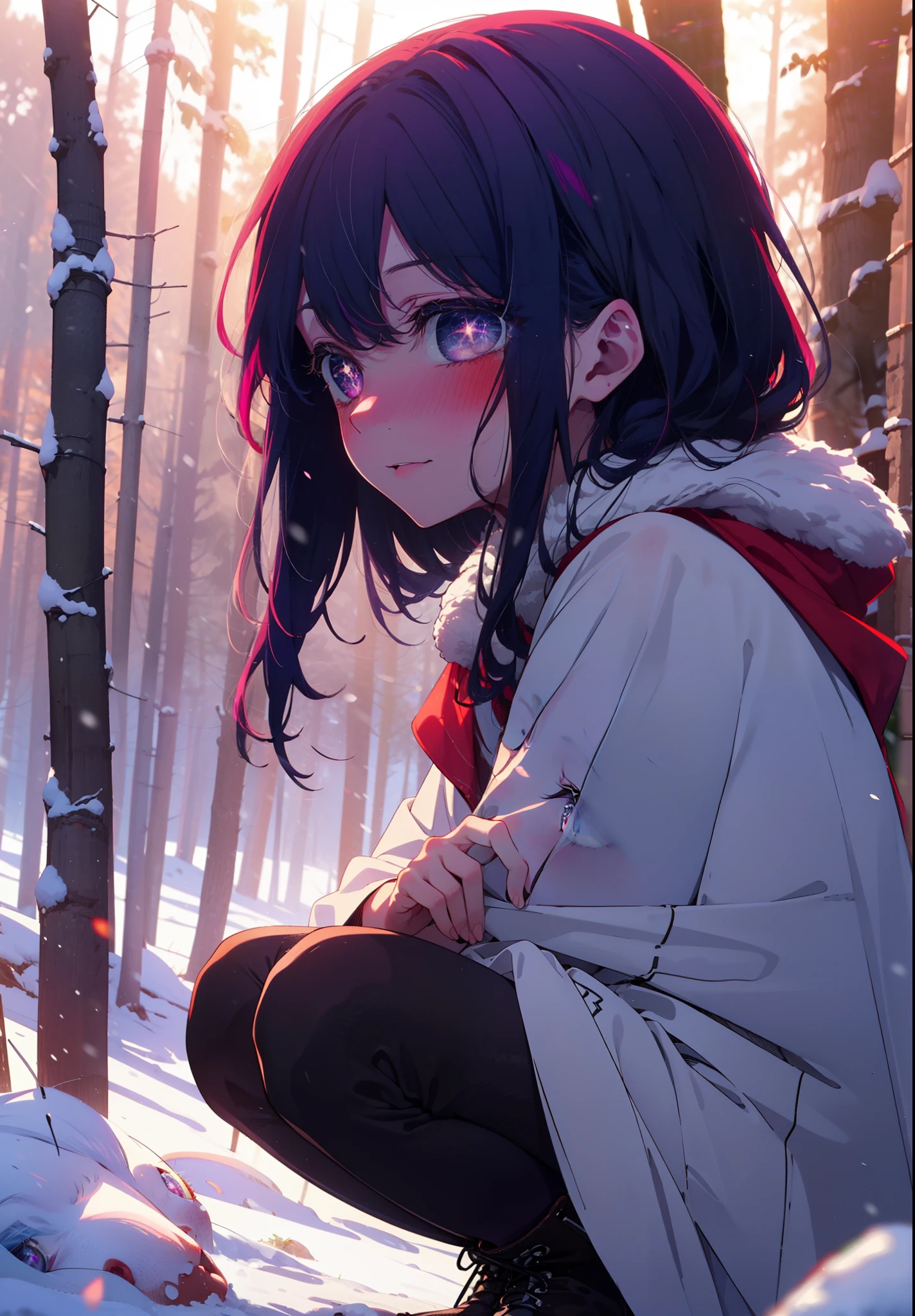 aihoshino, Ai Hoshino, Long Hair, bangs, (Purple eyes:1.1), Purple Hair, (Symbol-shaped pupil:1.5), smile,,smile,blush,White Breath,
Open your mouth,snow,Ground bonfire, Outdoor, boots, snowing, From the side, wood, suitcase, Cape, Blurred, , forest, White handbag, nature, Squat, Mouth closed, Cape, winter, Written boundary depth, Black shoes, red Cape break looking at viewer, Upper Body, whole body, break Outdoor, forest, nature, break (masterpiece:1.2), Highest quality, High resolution, unity 8k wallpaper, (shape:0.8), (Beautiful and beautiful eyes:1.6), Highly detailed face, Perfect lighting, Highly detailed CG, (Perfect hands, Perfect Anatomy),