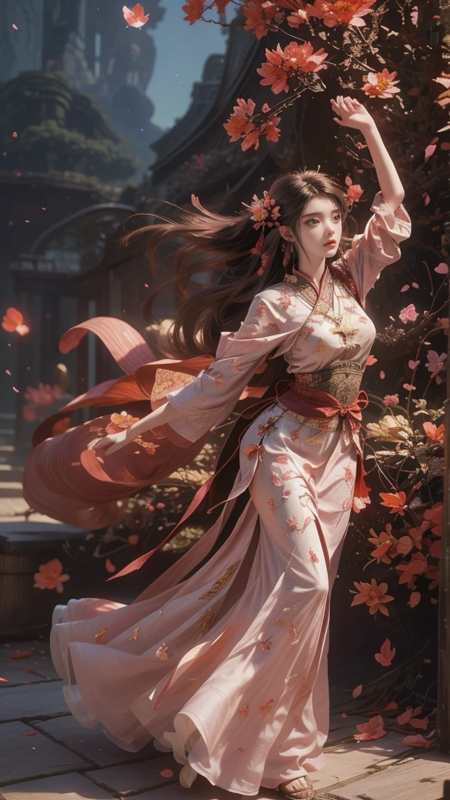 A beautiful woman with perfect curves wearing a long dress that gently flutters in the air,The beautiful woman was standing in a sea of beautiful flowers surrounding her, Chinese traditional, her flexible body increasing with every movement, So enchanting, the dim candlelight, the glowing butterflies fighting the darkness of the night, the light of the moon, The night wind blowing the curtains, the pink flower petals , flower petals flying around the room, Chinese dancing, This woman is so beautiful that she attracts everyone who watches her, ancient China, imperial empress