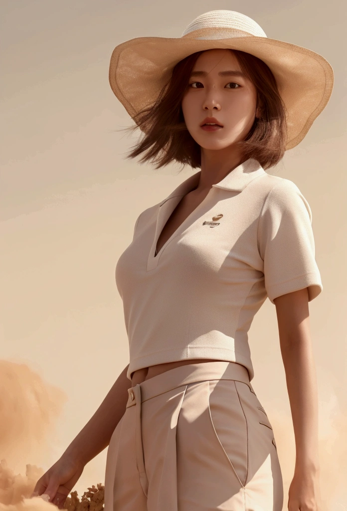 Jang Gyu-ri,1 woman, dynamic angle, golf course, white golf clothes, With golden accessories,Light Tracing, (wind blowing dust:1.2) in the foreground,(floating hair:1.1), hot sun,white hat,professional model, (realistic:1.4), official art, fractal art,unity 8k wallpaper, very detailed, beautiful and aesthetic,look at the viewer, masterpiece,best quality, glowing skin, cinematic lighting