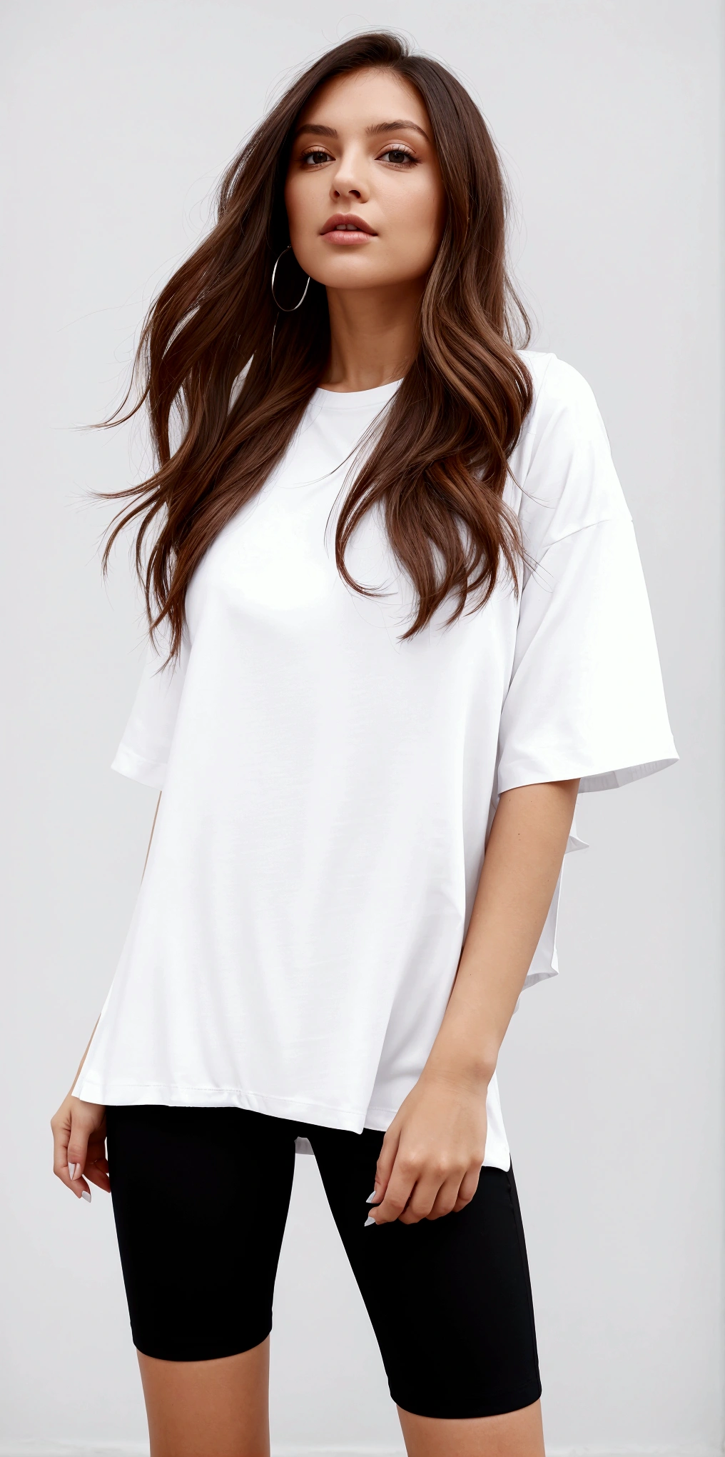 a woman in a white undershirt and black shorts, white undershirt, white undershirt, white undershirt, plain white undershirt, casual white clothes, vestido com uma white undershirt, White tunic, detailed white, white clothes, casual outfit, white clothes, trendy white clothes, dressed in a white undershirt, White top, shirt long, white shirt