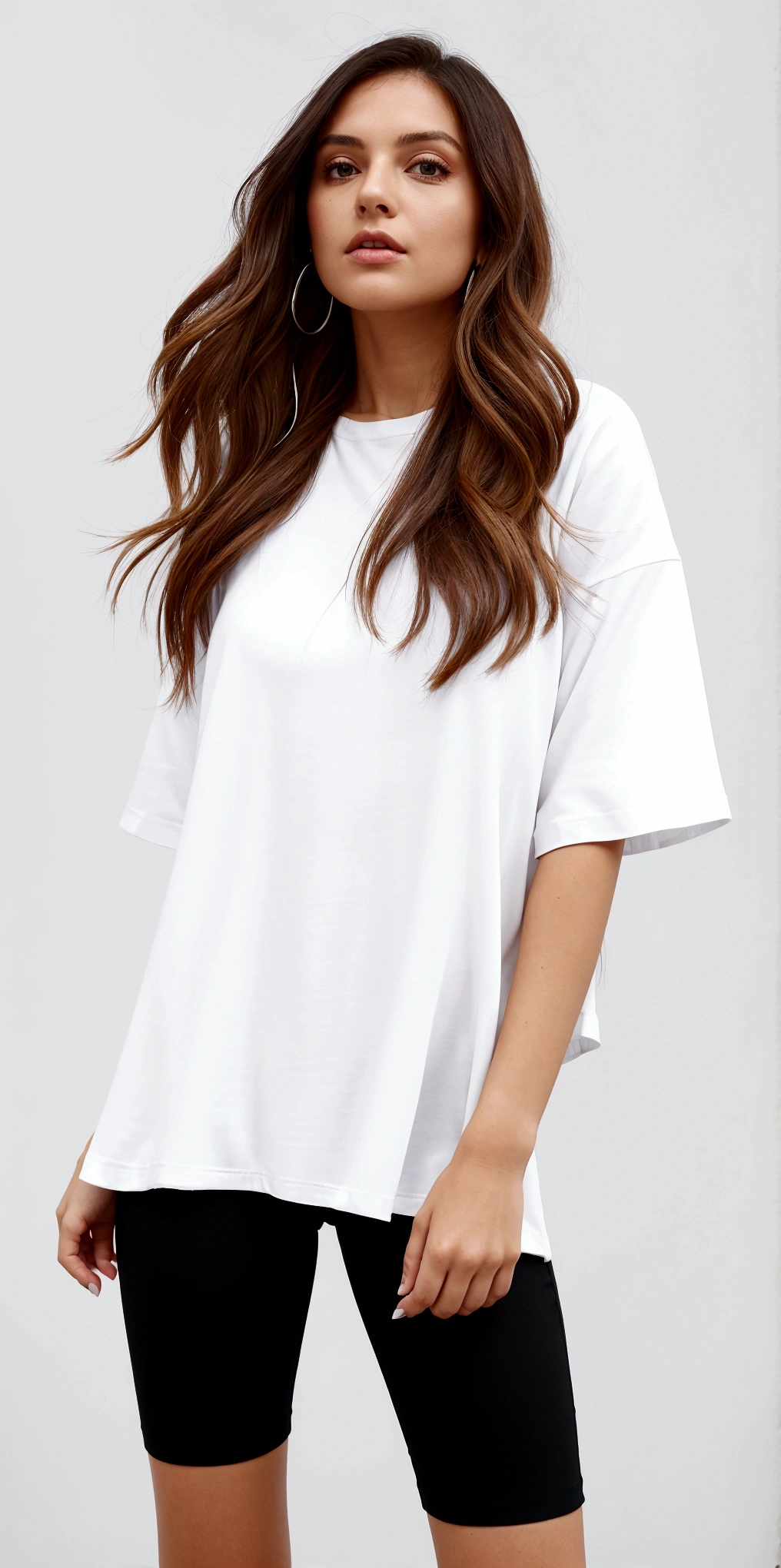 a woman in a white undershirt and black shorts, white undershirt, white undershirt, white undershirt, plain white undershirt, casual white clothes, vestido com uma white undershirt, White tunic, detailed white, white  clothes, casual outfit, white  clothes, trendy white  clothes, dressed in a white undershirt, White top, shirt long, white  shirt