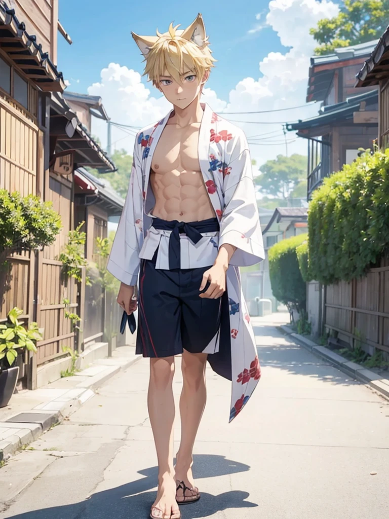 16 year old boy with blonde hair wolf tail and ears walking with a yukata open on his muscular chest