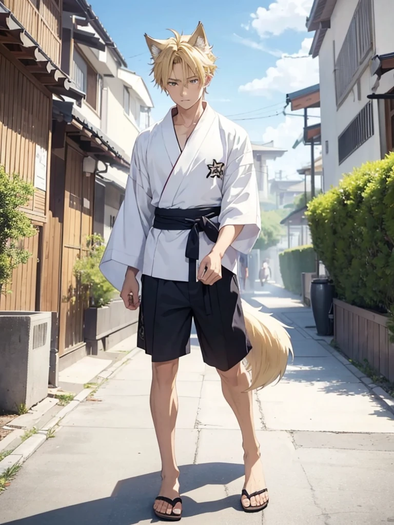 16 year old boy with blonde hair wolf tail and ears walking with a yukata open on his muscular chest
