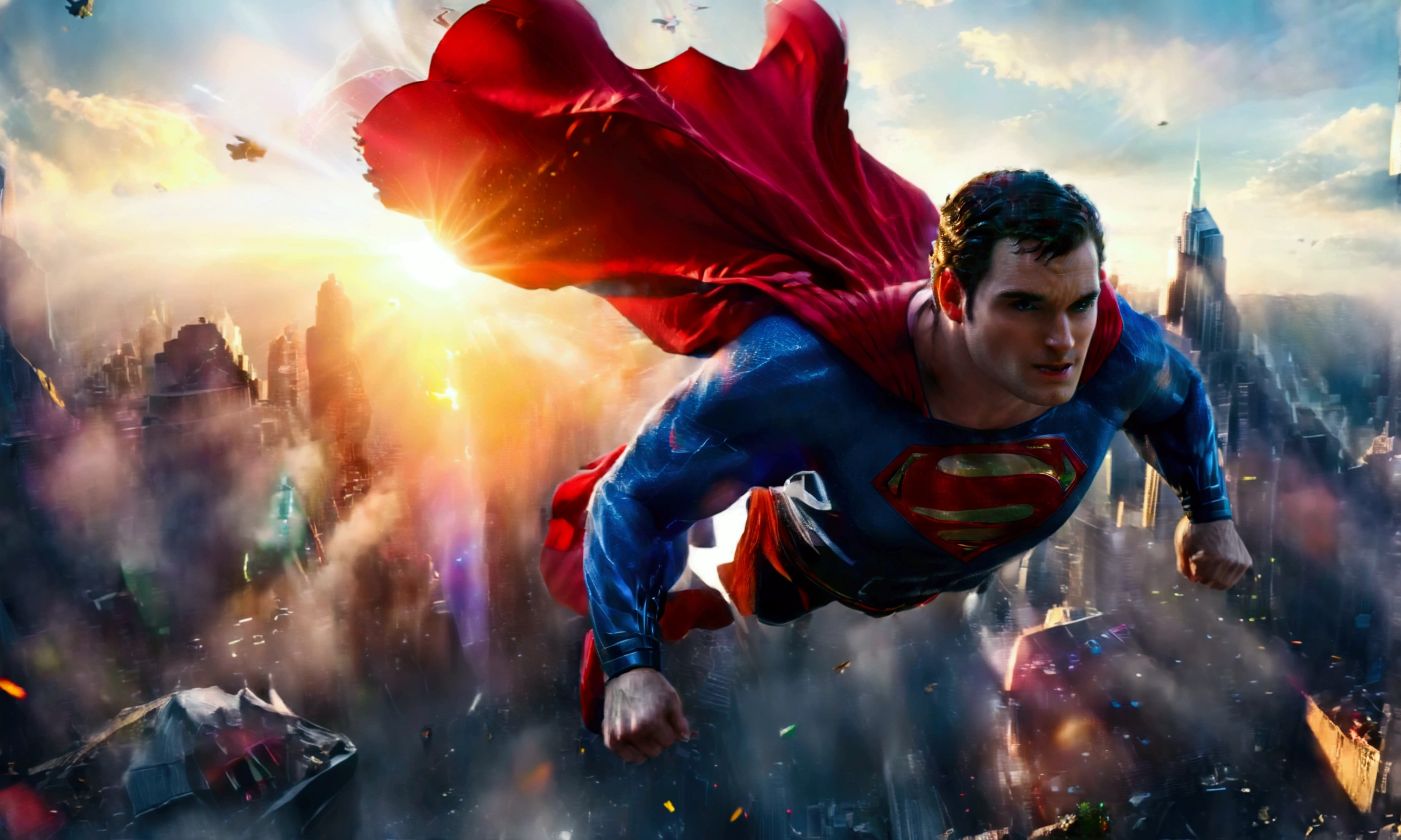 (highres, realistic:1.37), Superman flying over a bustling city, 