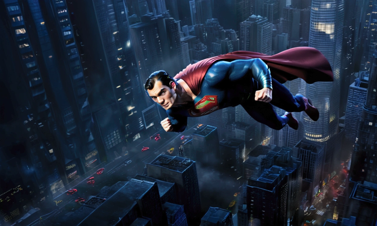 (highres, realistic:1.37), Superman flying over a bustling city, 