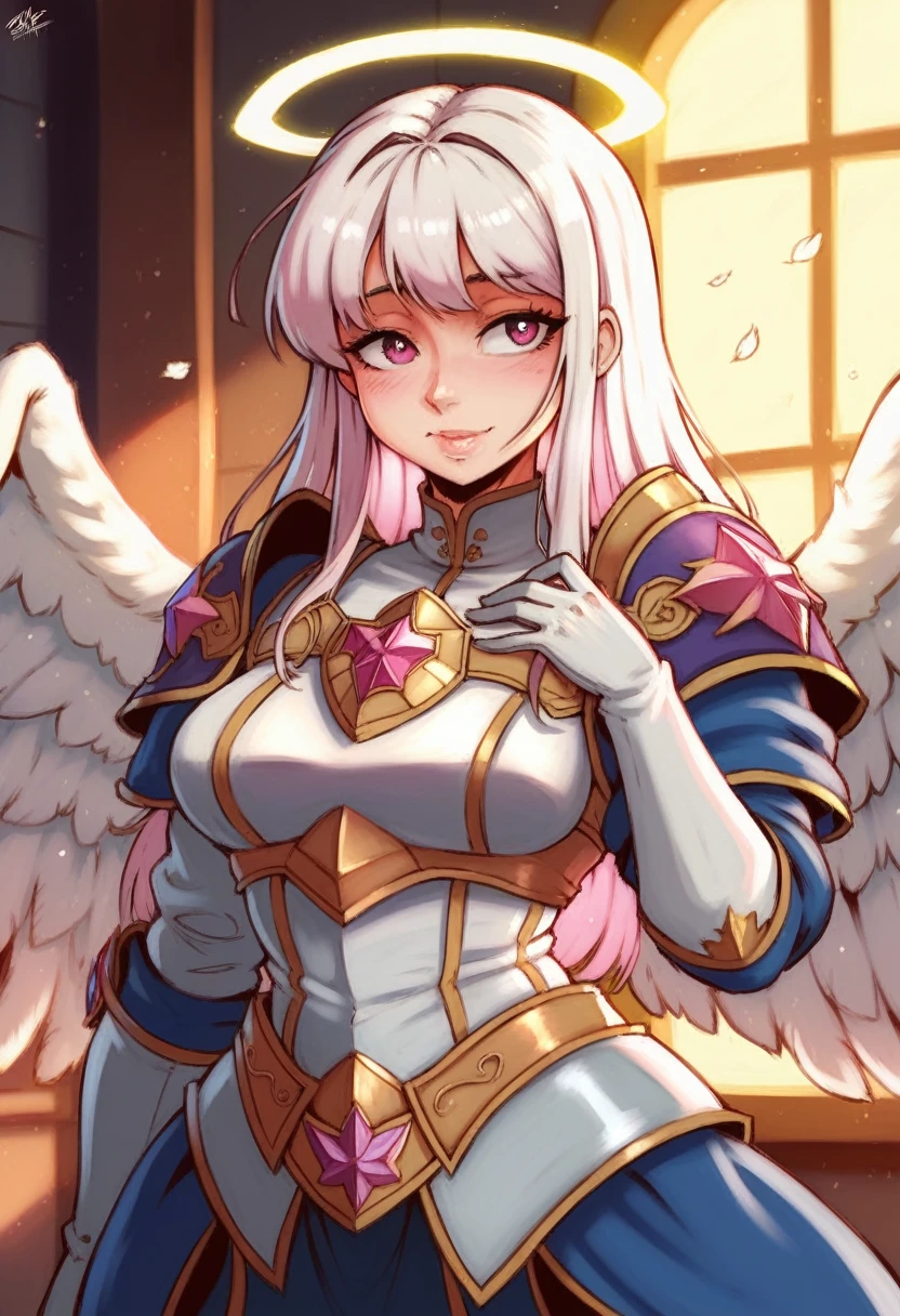 Best Quality, Masterpiece, digital art, art station, 4k, HDR, volumetric lighting,Waist up portrait of a mature woman, Cybele, angel armor, long white hair, pink eyes, Gloves without fingers, Angel wings , Sakura Landscapes