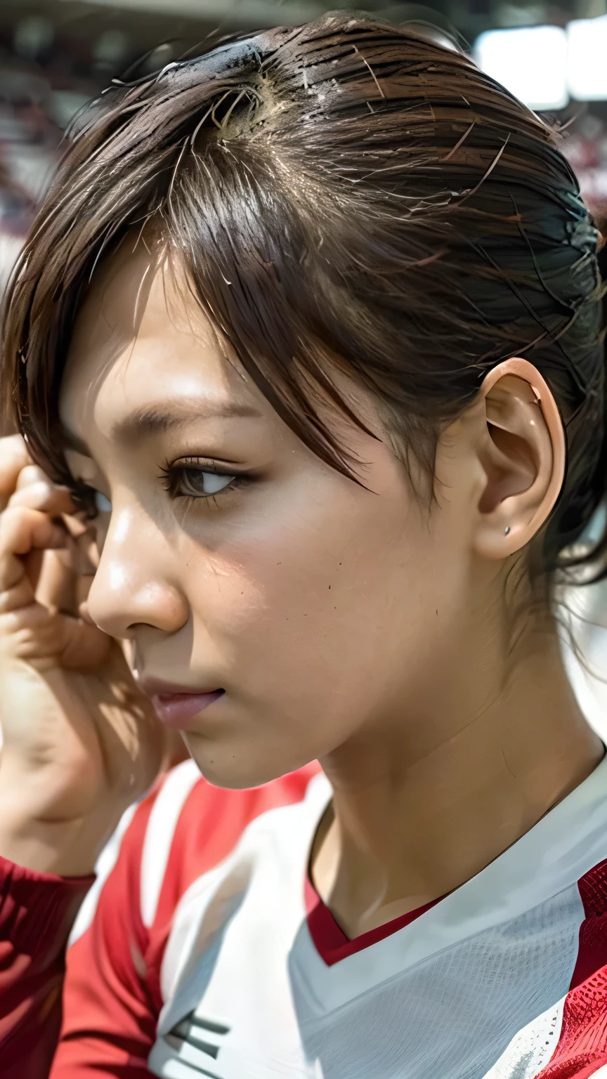 (Cute Japanese female soccer players、((Soccer player girl shooting、Guts pose、((whole body:1.5))、During a football match:1.1、A serious look at the stadium)))、(Realistic、Like a photograph、Live Action、8K, Realistic, RAW Photos, Best image quality: 1.4), Single-lens reflex camera、RAW Photos, Highest quality, Realistic, Very detailed CG Unity 8k wallpaper, Written boundary depth, Cinematic Light, Lens flare, Ray Tracing, Realistic background、Many people々、((ultra high density skin))、(Wearing a soccer uniform)、short hair:1.2、Short Ponytail、Hold your hair in place with a hair clip、I like that style、stylish、Very detailed、Pay attention to the details、Perfect outfit、(Sunburned skin)、Side view