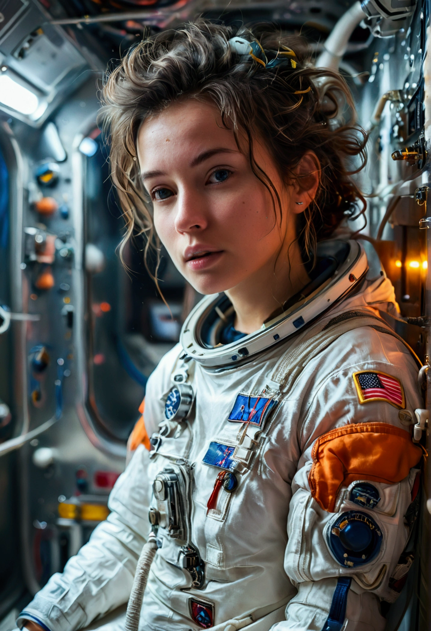 female astronaut j0rd7nj0n3s (slightly embarrassed, sponge bath, nude) in space station restroom, beautiful face, realistic photo, (portrait), [smoke], [haze], natural lighting, shallow depth of field, photographed on a Canon EOS-1D X Mark III, 50mm lens, F/2.8, (intricately detailed, hyperdetailed), ((RAW color)), sharp focus, HDR, 4k resolution, Cinematic film