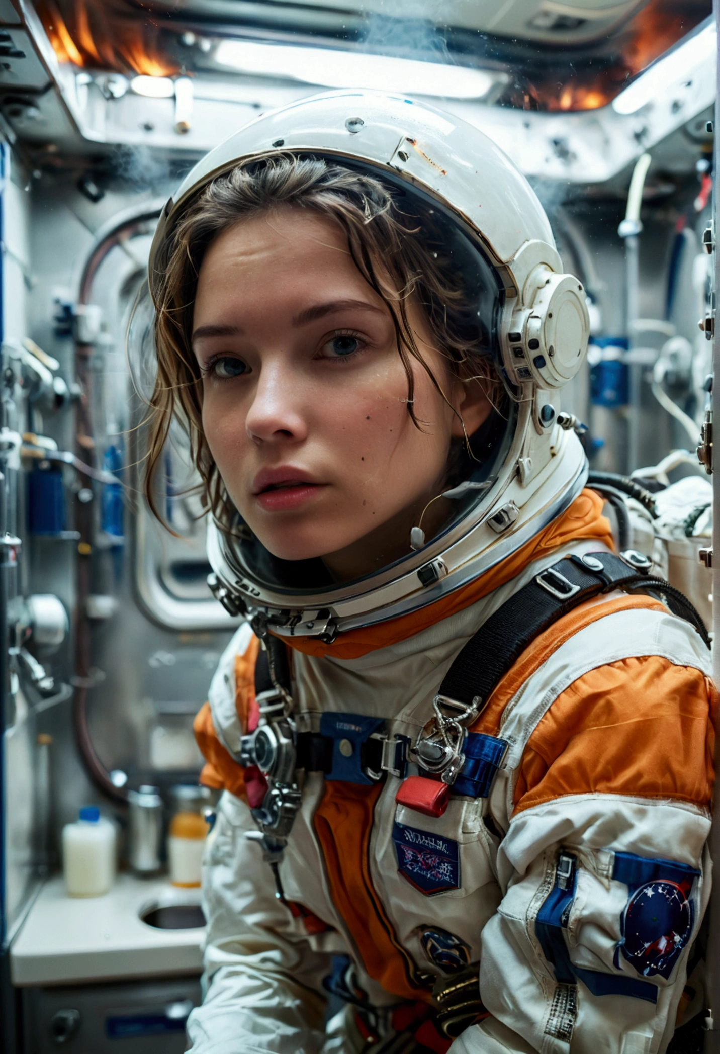 female astronaut j0rd7nj0n3s (slightly embarrassed, sponge bath, nude) in space station restroom, beautiful face, realistic photo, (portrait), [smoke], [haze], natural lighting, shallow depth of field, photographed on a Canon EOS-1D X Mark III, 50mm lens, F/2.8, (intricately detailed, hyperdetailed), ((RAW color)), sharp focus, HDR, 4k resolution, Cinematic film