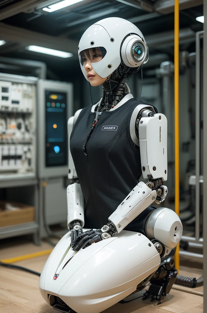 masterpiece, best quality, extremely detailed, Japaese Cyborg Girl,Plump , White boots,control panels,android,Droid,Mechanical Hand, ,clothes with a sense of mechanical technology, Robot arms and legs, Black Robot Parts,Black hair,Mechanical body,dress shirt,long vest,Blunt bangs,White abdomen,White robotics parts,perfect robot woman,future laboratory,cyber pank,charging spot,laboratory,long tube,thick cable connected her neck,kneel on the floor,bowing,ceramic body ,mechanical body,blue eyes,android,robot humanoid