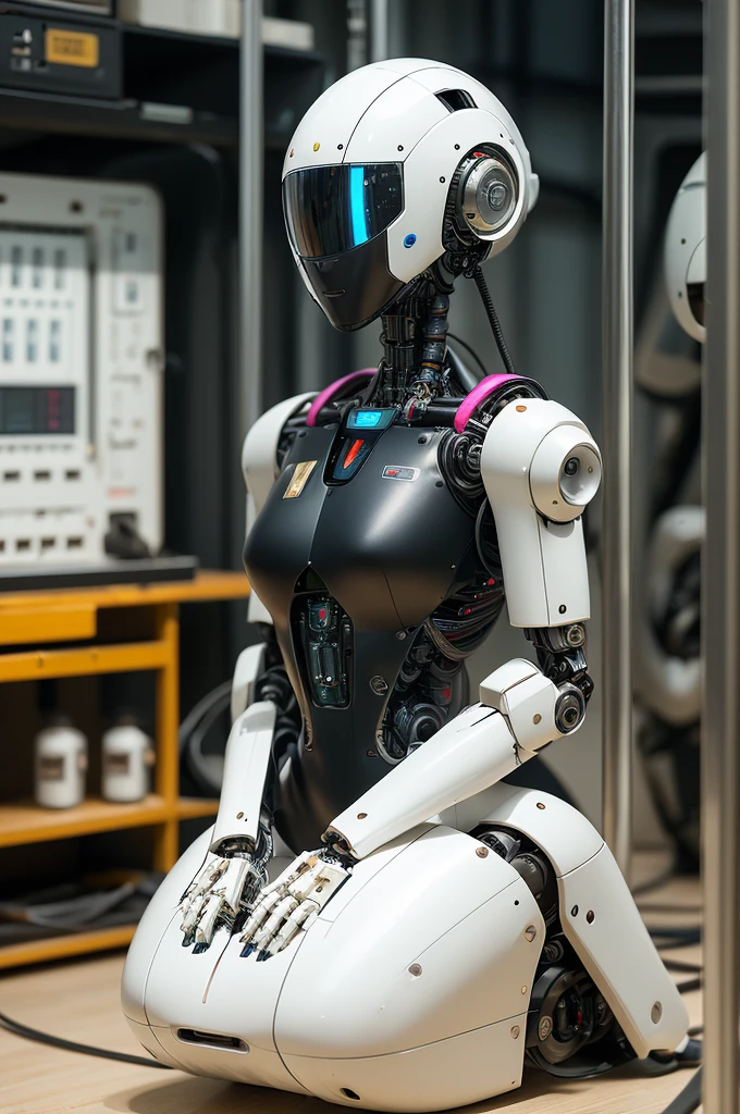 masterpiece, best quality, extremely detailed, Japaese Cyborg Girl,Plump , White boots,control panels,android,Droid,Mechanical Hand, ,clothes with a sense of mechanical technology, Robot arms and legs, Black Robot Parts,Black hair,Mechanical body,dress shirt,long vest,Blunt bangs,White abdomen,White robotics parts,perfect robot woman,future laboratory,cyber pank,charging spot,laboratory,long tube,thick cable connected her neck,kneel on the floor,bowing,ceramic body ,mechanical body,blue eyes,android,robot humanoid