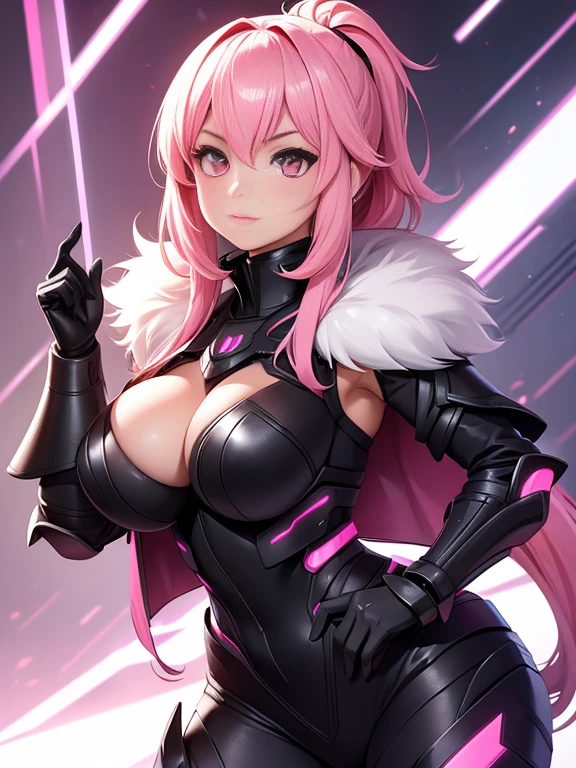 girl, With big breasts, with futuristic black armor, pink eyes, pink fur