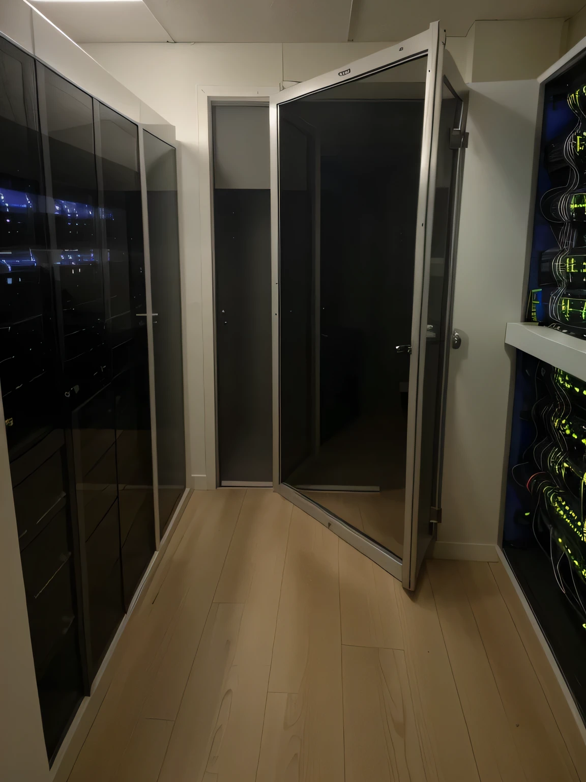 an amateur server room filled with a hacker's server room and cables connecting the server worthy of a hacker's hideout...large panels with LEDs showing whether the servers are operating and the room is completely dark with little lighting and high quality to be realistic, identical to real life