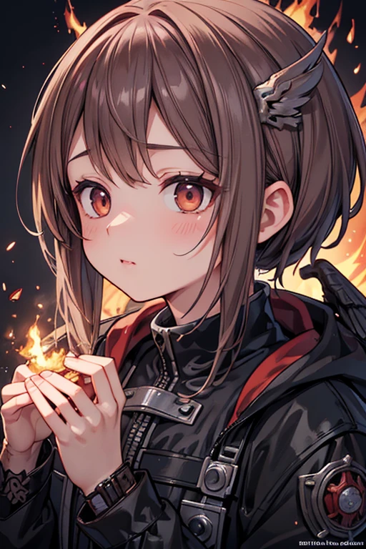 A close-up portrait of a handsome man (Person SKS),post apocalyptic winged firefighter, intricate, elegant, Very detailed, digital paint, art station, conceptual art, seeds, sharp focus, illustration, art by Krenz Cushart and Artem Demura and alphonse much, ((fire in the hands)) Ochako Uraraka Pecho Grande
