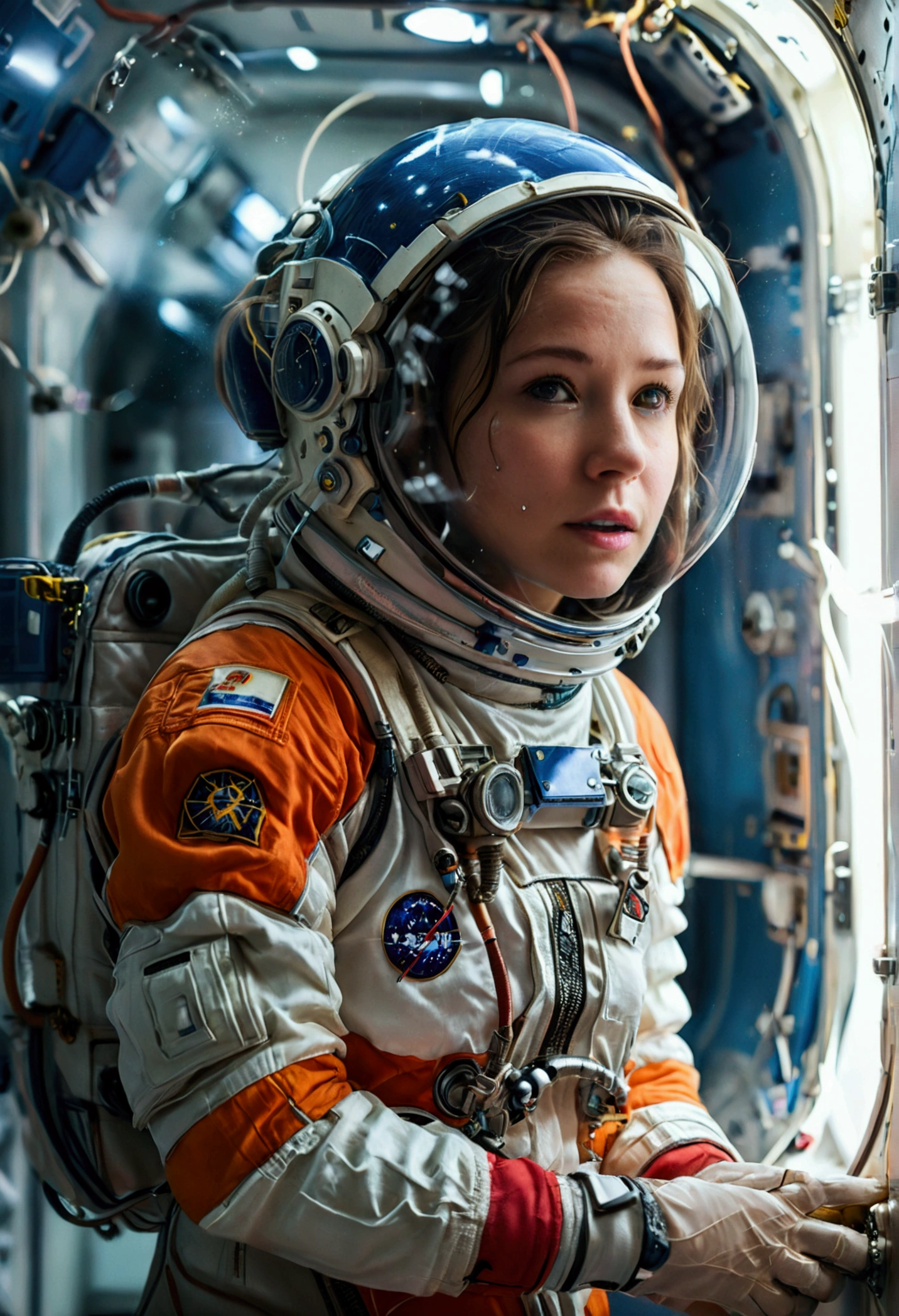 female astronaut j0rd7nj0n3s (slightly embarrassed, sponge bath, nude) in space station restroom, beautiful face, realistic photo, (portrait), [smoke], [haze], natural lighting, shallow depth of field, photographed on a Canon EOS-1D X Mark III, 50mm lens, F/2.8, (intricately detailed, hyperdetailed), ((RAW color)), sharp focus, HDR, 4k resolution, Cinematic film
