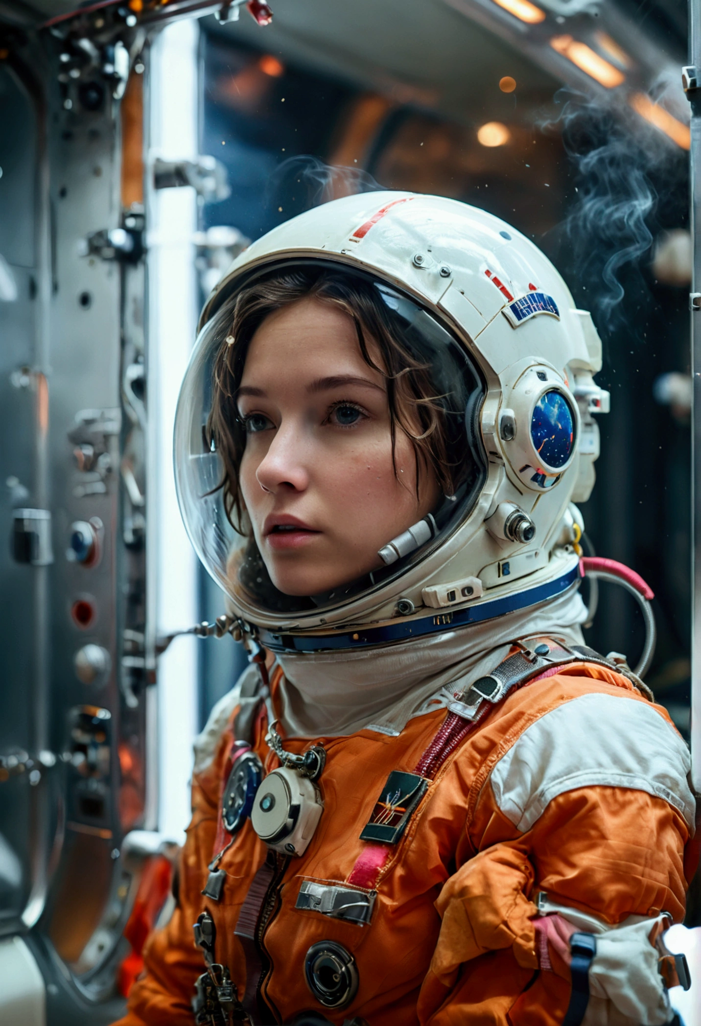 female astronaut j0rd7nj0n3s (slightly embarrassed, sponge bath, nude) in space station restroom, beautiful face, realistic photo, (portrait), [smoke], [haze], natural lighting, shallow depth of field, photographed on a Canon EOS-1D X Mark III, 50mm lens, F/2.8, (intricately detailed, hyperdetailed), ((RAW color)), sharp focus, HDR, 4k resolution, Cinematic film
