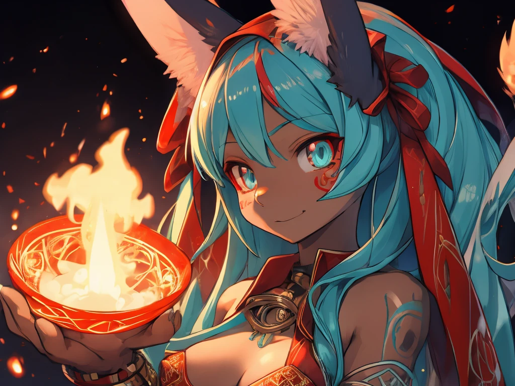 Miku Hatsune, High Definition, kitsune ears, tribal tattoo, gorgerous girl, Small breasts add_detail, magician girl add_detail