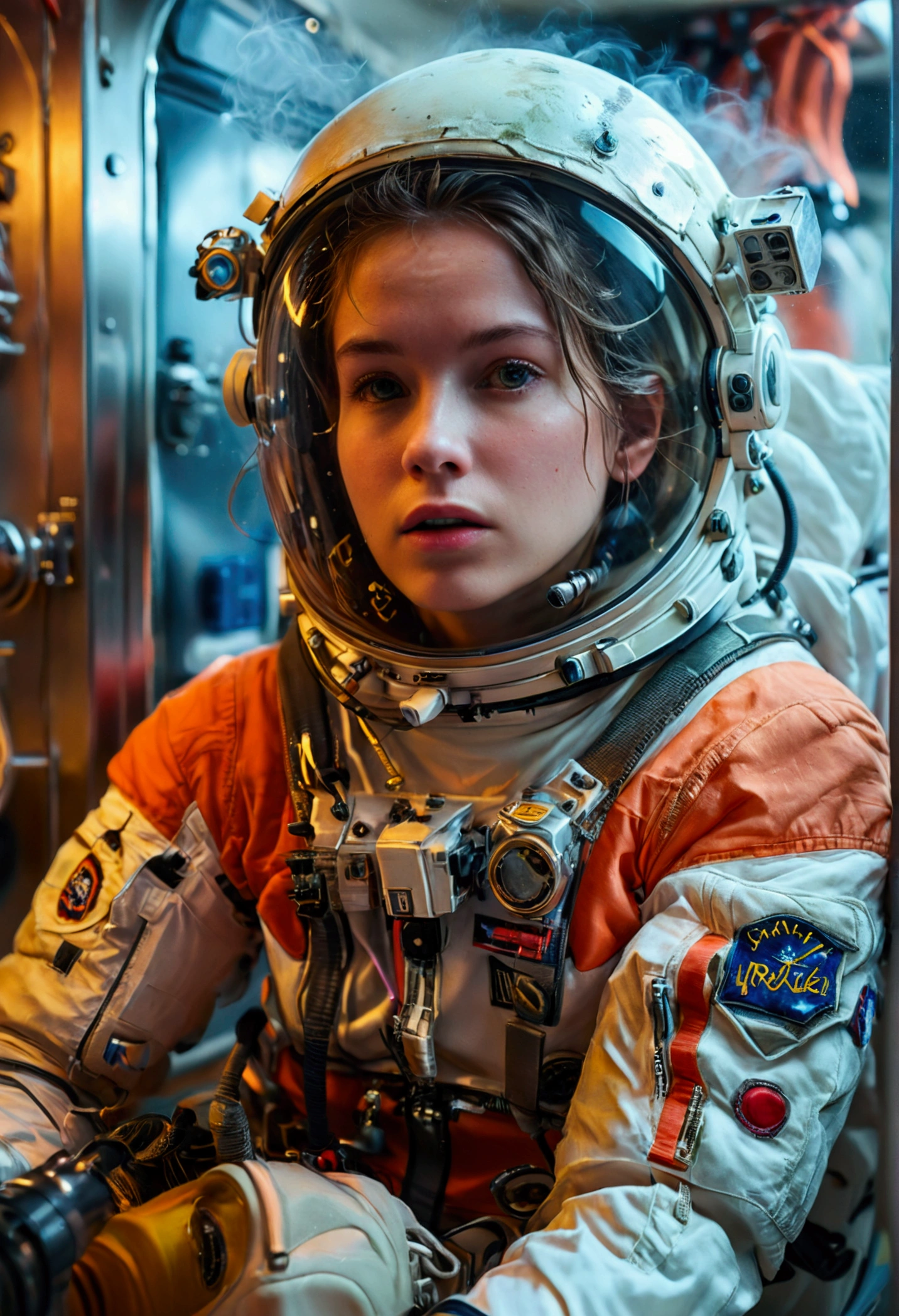 female astronaut j0rd7nj0n3s (slightly embarrassed, sponge bath, nude) in space station restroom, beautiful face, realistic photo, (portrait), [smoke], [haze], natural lighting, shallow depth of field, photographed on a Canon EOS-1D X Mark III, 50mm lens, F/2.8, (intricately detailed, hyperdetailed), ((RAW color)), sharp focus, HDR, 4k resolution, Cinematic film

