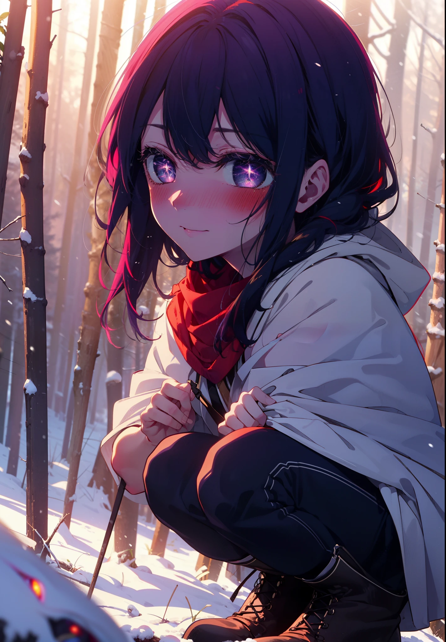 aihoshino, Ai Hoshino, Long Hair, bangs, (Purple eyes:1.1), Purple Hair, (Symbol-shaped pupil:1.5), smile,,smile,blush,White Breath,
Open your mouth,snow,Ground bonfire, Outdoor, boots, snowing, From the side, wood, suitcase, Cape, Blurred, , forest, White handbag, nature, Squat, Mouth closed, Cape, winter, Written boundary depth, Black shoes, red Cape break looking at viewer, Upper Body, whole body, break Outdoor, forest, nature, break (masterpiece:1.2), Highest quality, High resolution, unity 8k wallpaper, (shape:0.8), (Beautiful and beautiful eyes:1.6), Highly detailed face, Perfect lighting, Highly detailed CG, (Perfect hands, Perfect Anatomy),