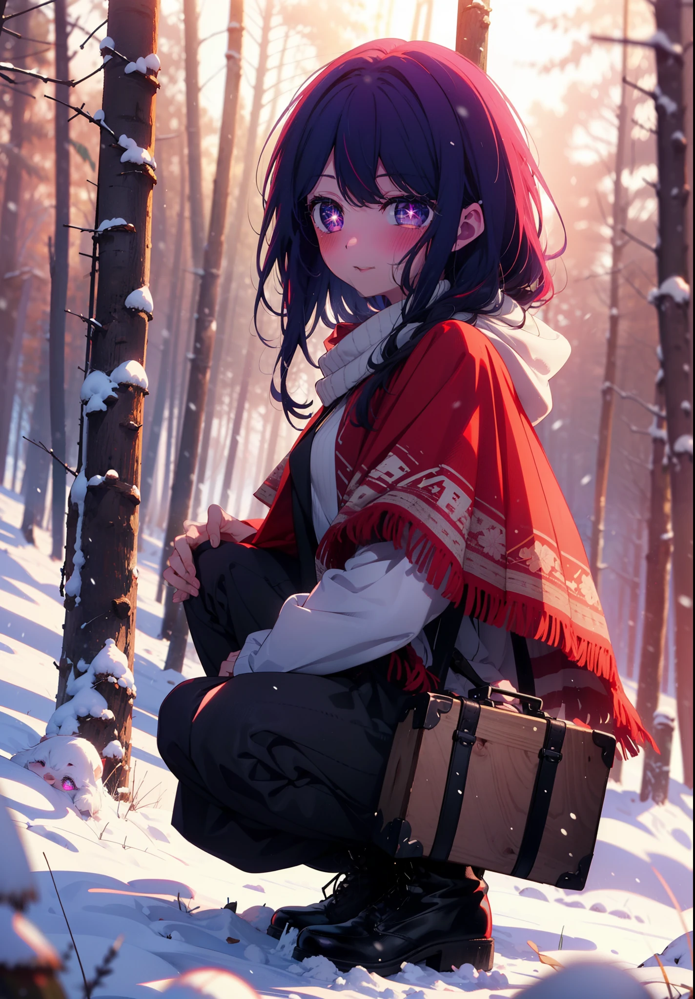 aihoshino, Ai Hoshino, Long Hair, bangs, (Purple eyes:1.1), Purple Hair, (Symbol-shaped pupil:1.5), smile,,smile,blush,White Breath,
Open your mouth,snow,Ground bonfire, Outdoor, boots, snowing, From the side, wood, suitcase, Cape, Blurred, , forest, White handbag, nature, Squat, Mouth closed, Cape, winter, Written boundary depth, Black shoes, red Cape break looking at viewer, Upper Body, whole body, break Outdoor, forest, nature, break (masterpiece:1.2), Highest quality, High resolution, unity 8k wallpaper, (shape:0.8), (Beautiful and beautiful eyes:1.6), Highly detailed face, Perfect lighting, Highly detailed CG, (Perfect hands, Perfect Anatomy),