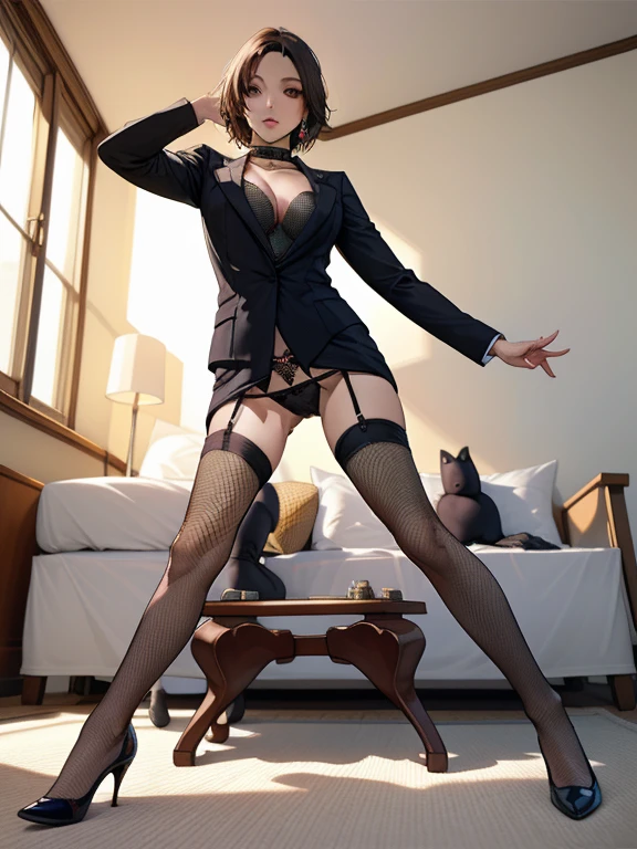 (((ボンデージsuit:1.35)))、(((Black fishnet stockings:1.35)))、(((Panties:1.35)))、(((High heels:1.35)))、((software))、(1.woman、alone)、Ultra-Realistic Capture、非常にFamiliar、High resolution 16K human skin closeup、Skin texture must be natural、Familiar:毛穴がFamiliarに識別できる程度、Skin looks healthier、Uniform color tone、Use natural light and color、((Full body photography))、オフィスルームのwoman, White wall, Grey table, plant, window, Masterpiece of sexy pose))), ((Highest quality)), ((Complex)), ((Surreal)), Stupid reply, 成熟したwoman, 成熟したwoman, perspective, very Familiar, shape, 1 Girl, (()), Perfect hands, 指のFamiliar, Narrow and beautiful eyes, short hair, Brown eyes, chief executive officer(chief executive officer(chief executive officer(chief executive officer(CEO), (suit:1.2), Open Office Shirt, Tight Skirt, Black Choker, Earrings, stockings, Familiarな背景, Bedroom, Perfect Eyes, Captivating eyes, Looking at the audience, From below