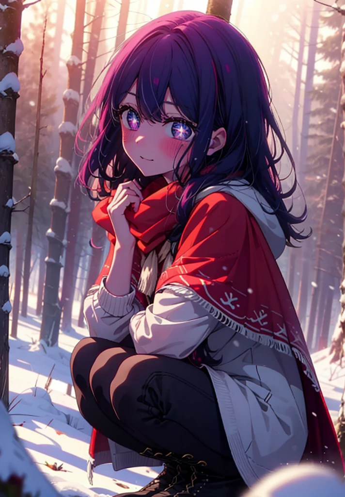 aihoshino, Ai Hoshino, Long Hair, bangs, (Purple eyes:1.1), Purple Hair, (Symbol-shaped pupil:1.5), smile,,smile,blush,White Breath,
Open your mouth,snow,Ground bonfire, Outdoor, boots, snowing, From the side, wood, suitcase, Cape, Blurred, , forest, White handbag, nature, Squat, Mouth closed, Cape, winter, Written boundary depth, Black shoes, red Cape break looking at viewer, Upper Body, whole body, break Outdoor, forest, nature, break (masterpiece:1.2), Highest quality, High resolution, unity 8k wallpaper, (shape:0.8), (Beautiful and beautiful eyes:1.6), Highly detailed face, Perfect lighting, Highly detailed CG, (Perfect hands, Perfect Anatomy),