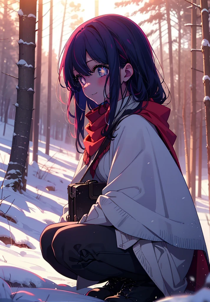 aihoshino, Ai Hoshino, Long Hair, bangs, (Purple eyes:1.1), Purple Hair, (Symbol-shaped pupil:1.5), smile,,smile,blush,White Breath,
Open your mouth,snow,Ground bonfire, Outdoor, boots, snowing, From the side, wood, suitcase, Cape, Blurred, , forest, White handbag, nature, Squat, Mouth closed, Cape, winter, Written boundary depth, Black shoes, red Cape break looking at viewer, Upper Body, whole body, break Outdoor, forest, nature, break (masterpiece:1.2), Highest quality, High resolution, unity 8k wallpaper, (shape:0.8), (Beautiful and beautiful eyes:1.6), Highly detailed face, Perfect lighting, Highly detailed CG, (Perfect hands, Perfect Anatomy),