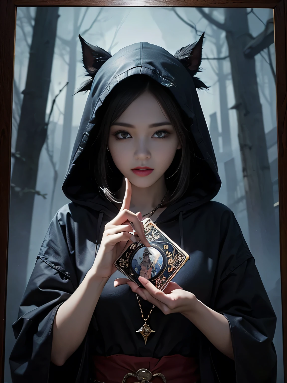 onmyoji,Metal Photo Frame,card,tarot cards:1.37.A mysterious hooded fortune teller,Finger taps an array of tarot cards in the air,Symbols and mystical elements,Ancient and mysterious atmosphere,Realistic illustration details,Vibrant and energetic composition,Dark Style,Gothic Style Information