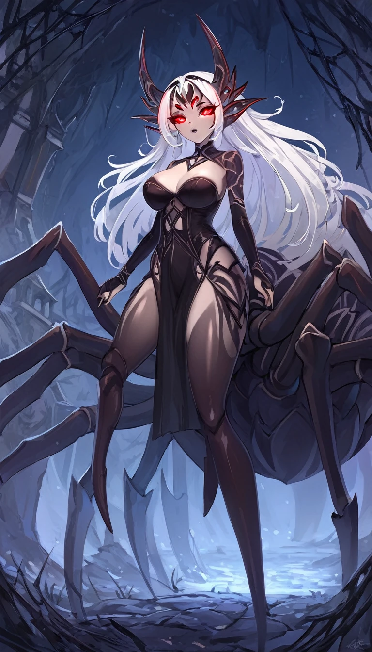 High resolution, best quality, perfect anatomy, expressive eyes, fantasy landscape, 1girl, arachne, spider goddess, full body, medium breasts, white hair with highlights, black hair, long hair, pointed ears, red eyes, sexy gothic dress, , glowing eyes, headgear, 8-legged spider