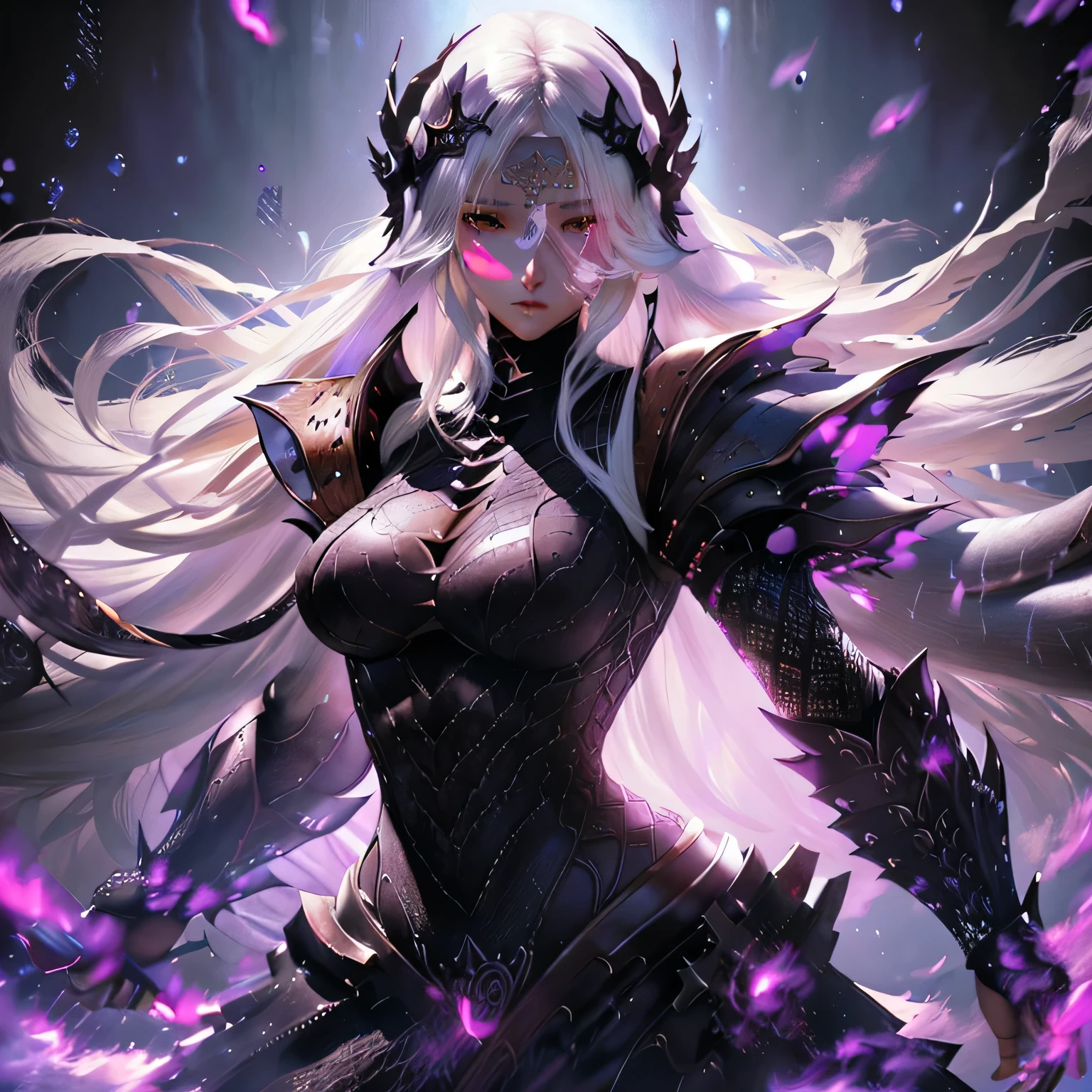 a woman with long white hair and a black outfit holding a sword, extremely detailed artgerm, anime epic artwork, epic exquisite character art, anime fantasy artwork, detailed digital anime art, knights of zodiac girl, portrait knights of zodiac girl, armor girl, epic fantasy art style, detailed anime artwork, detailed anime art, advanced digital anime art, shadowverse style