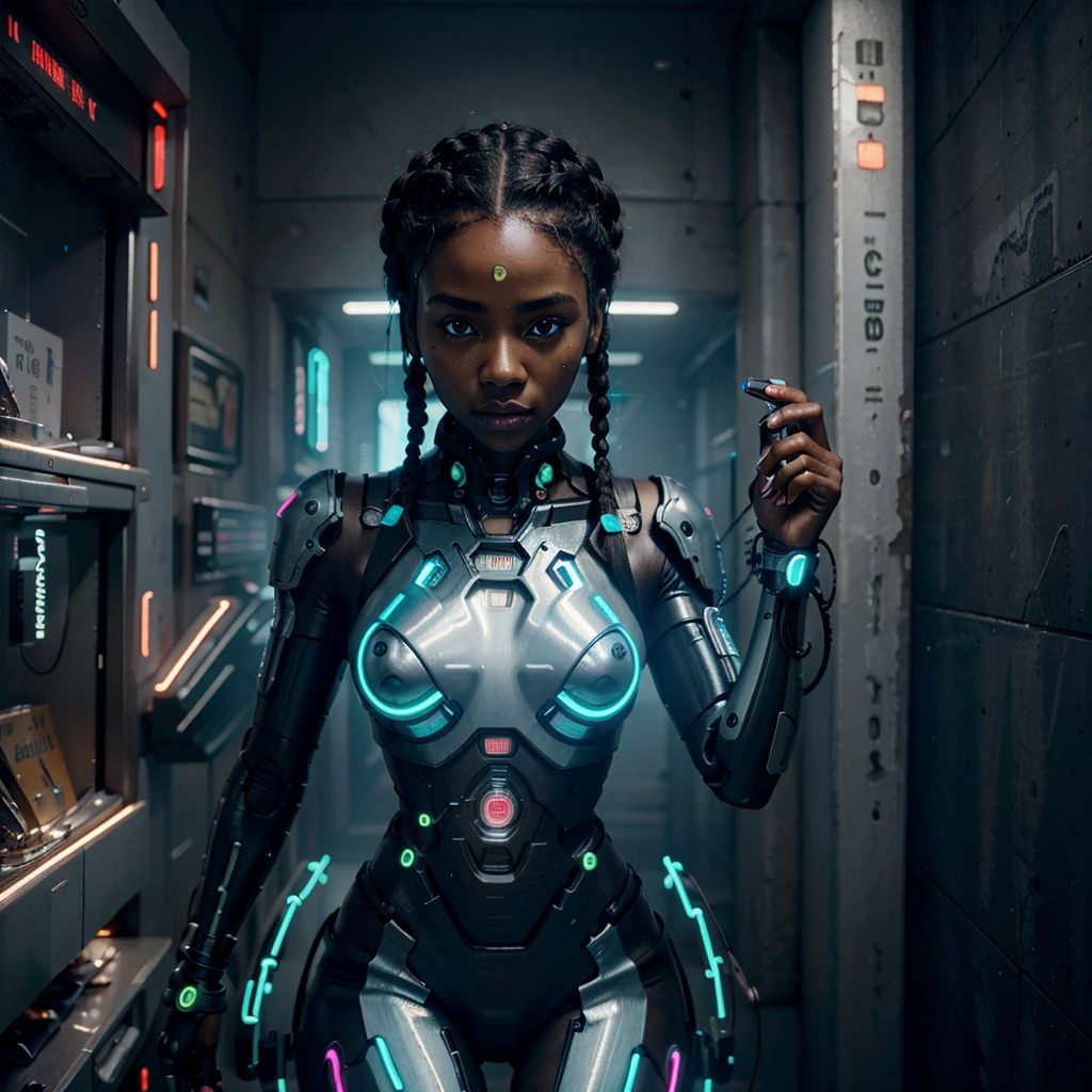 a black woman, robotic hand holding a cellphone, hand made of metal and neon wires, braided hair, highly detailed, photorealistic, 8k, hyperrealistic, cinematic lighting, dramatic colors, sci-fi, cyberpunk aesthetic, dystopian future