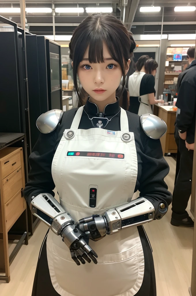 masterpiece, best quality, extremely detailed, Japaese android girl,Plump , hug,control panels,android,Droid,Mechanical Hand, Robot arms and legs, Black hair,Blunt bangs,perfect robot girl,long tube,thick cable connected her neck,apron,android,robot,humanoid,cyborg,japanese cyborg girl ,robot-assembly plant,She is assembled now,assembly scene,chest monitor,blue eyes
