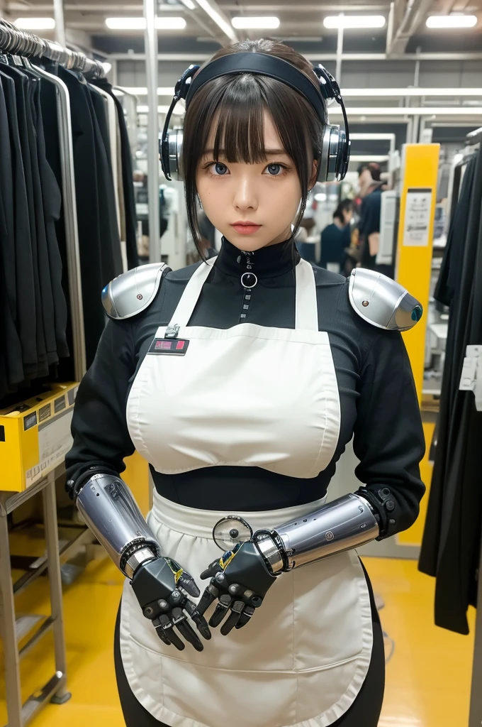 masterpiece, best quality, extremely detailed, Japaese android girl,Plump , hug,control panels,android,Droid,Mechanical Hand, Robot arms and legs, Black hair,Blunt bangs,perfect robot girl,long tube,thick cable connected her neck,apron,android,robot,humanoid,cyborg,japanese cyborg girl ,robot-assembly plant,She is assembled now,assembly scene,chest monitor,blue eyes
