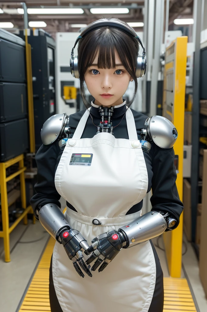 masterpiece, best quality, extremely detailed, Japaese android girl,Plump , hug,control panels,android,Droid,Mechanical Hand, Robot arms and legs, Black hair,Blunt bangs,perfect robot girl,long tube,thick cable connected her neck,apron,android,robot,humanoid,cyborg,japanese cyborg girl ,robot-assembly plant,She is assembled now,assembly scene,chest monitor,blue eyes