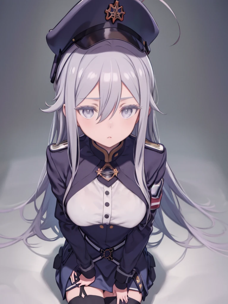 One Woman、Big Breasts、Vladilena Milize, (grey eyes:1.5), grey hair, hair between eyes, long hair, ahoge、blue headwear, blue jacket, blue skirt, hat, jacket, military, military hat, military uniform, peaked cap, shirt, skirt, thighhighs, uniform, white shirt, white thighhighs,
