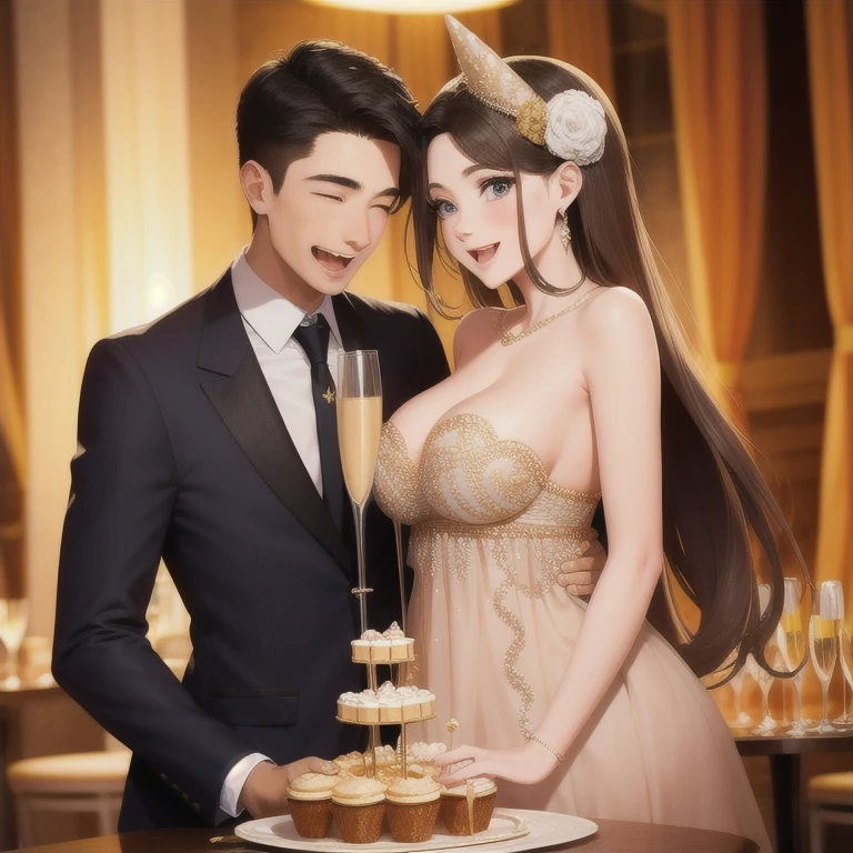 Couple celebrating a birthday with a gorgeous champagne tower at a cabaret club