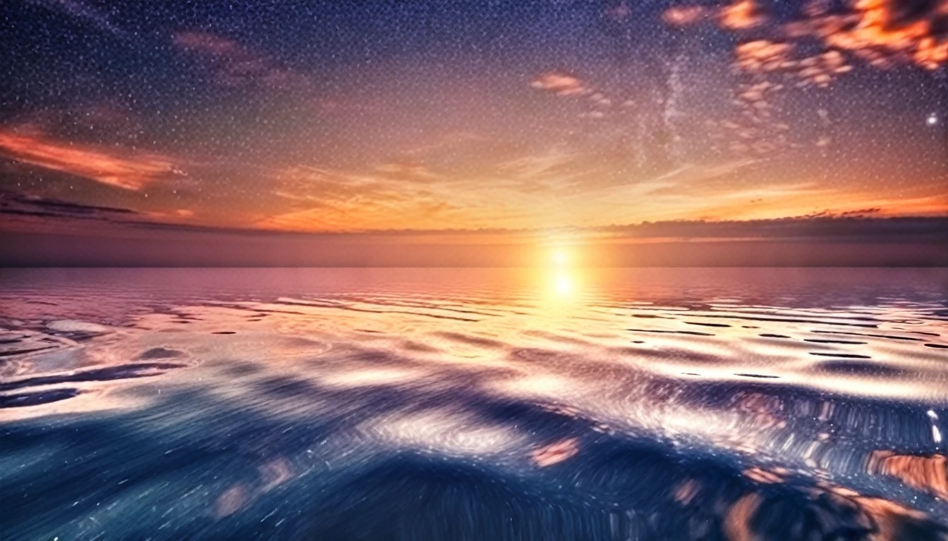 Beautiful starry sky, Calm water, The sun is rising above the horizon, photograph, Artistic,