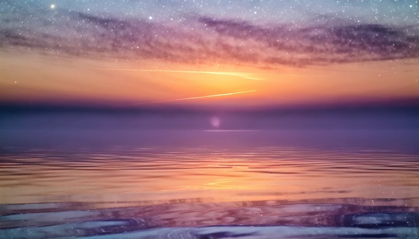 Beautiful starry sky, Calm water, The sun is rising above the horizon, photograph, Artistic,