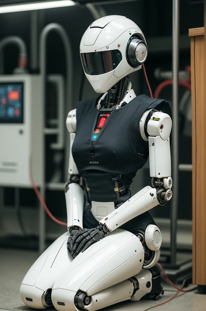 masterpiece, best quality, extremely detailed, Japaese Cyborg Girl,Plump , White boots,control panels,android,Droid,Mechanical Hand, ,clothes with a sense of mechanical technology, Robot arms and legs, Black Robot Parts,Black hair,Mechanical body,dress shirt,long vest,Blunt bangs,White abdomen,White robotics parts,perfect robot woman,future laboratory,cyber pank,charging spot,laboratory,long tube,thick cable connected her neck,kneel on the floor,bowing,ceramic body ,mechanical body,blue eyes,android,robot humanoid