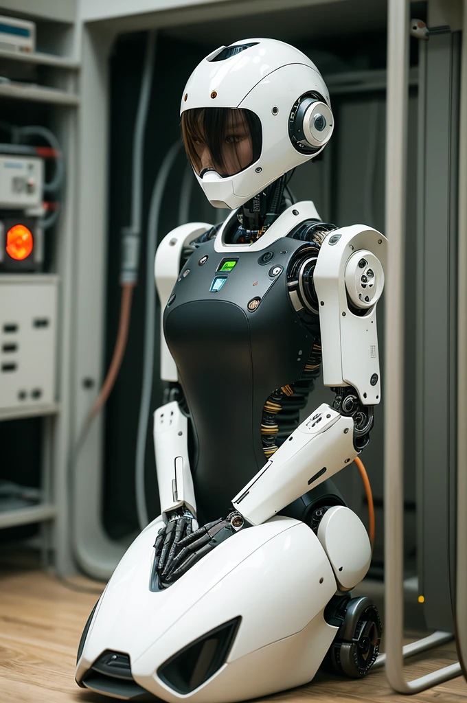 masterpiece, best quality, extremely detailed, Japaese Cyborg Girl,Plump , White boots,control panels,android,Droid,Mechanical Hand, ,clothes with a sense of mechanical technology, Robot arms and legs, Black Robot Parts,Black hair,Mechanical body,dress shirt,long vest,Blunt bangs,White abdomen,White robotics parts,perfect robot woman,future laboratory,cyber pank,charging spot,laboratory,long tube,thick cable connected her neck,kneel on the floor,bowing,ceramic body ,mechanical body,blue eyes,android,robot humanoid