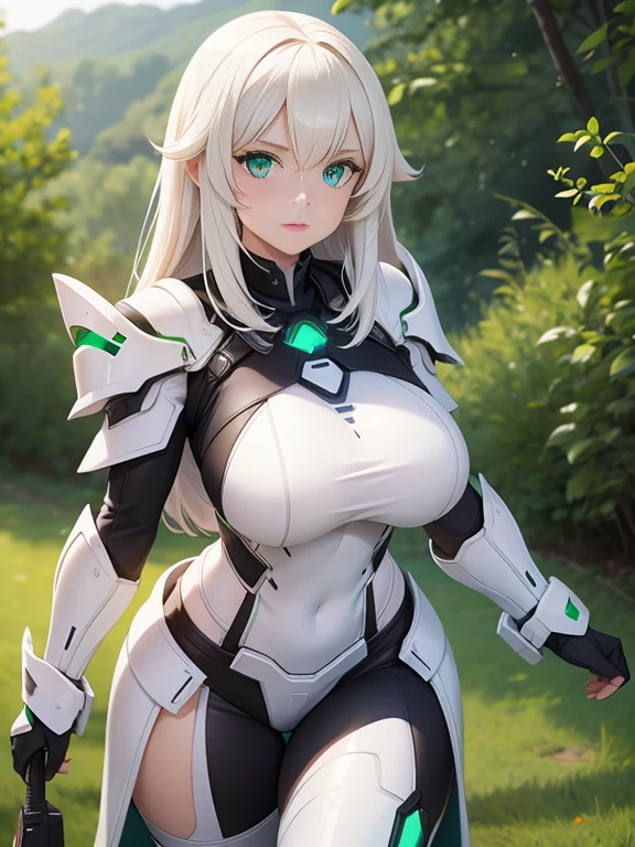 girl, With big breasts, with futuristic white armor, green eyes, by white