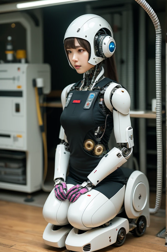 masterpiece, best quality, extremely detailed, Japaese Cyborg Girl,Plump , White boots,control panels,android,Droid,Mechanical Hand, ,clothes with a sense of mechanical technology, Robot arms and legs, Black Robot Parts,Black hair,Mechanical body,dress shirt,long vest,Blunt bangs,White abdomen,White robotics parts,perfect robot woman,future laboratory,cyber pank,charging spot,laboratory,long tube,thick cable connected her neck,kneel on the floor,bowing,ceramic body ,mechanical body,blue eyes,android,robot humanoid