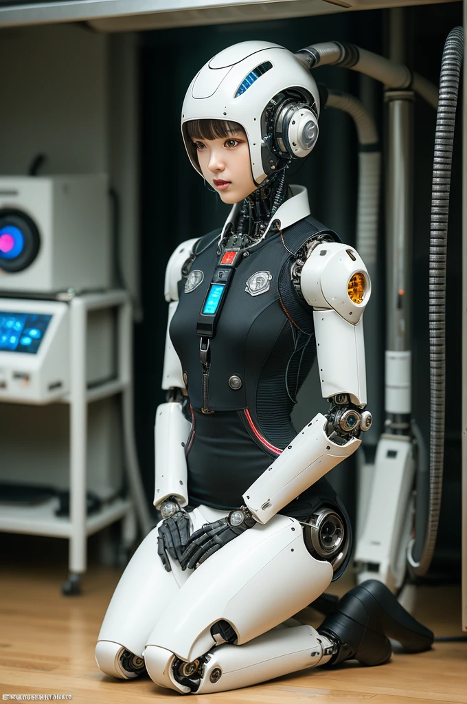 masterpiece, best quality, extremely detailed, Japaese Cyborg Girl,Plump , White boots,control panels,android,Droid,Mechanical Hand, ,clothes with a sense of mechanical technology, Robot arms and legs, Black Robot Parts,Black hair,Mechanical body,dress shirt,long vest,Blunt bangs,White abdomen,White robotics parts,perfect robot woman,future laboratory,cyber pank,charging spot,laboratory,long tube,thick cable connected her neck,kneel on the floor,bowing,ceramic body ,mechanical body,blue eyes,android,robot humanoid