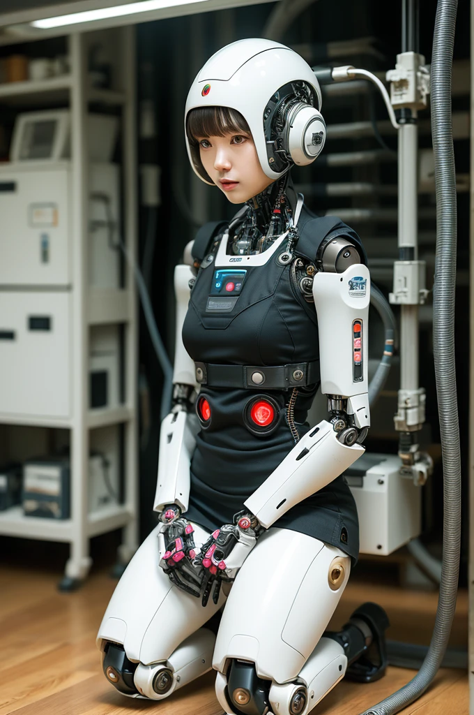 masterpiece, best quality, extremely detailed, Japaese Cyborg Girl,Plump , White boots,control panels,android,Droid,Mechanical Hand, ,clothes with a sense of mechanical technology, Robot arms and legs, Black Robot Parts,Black hair,Mechanical body,dress shirt,long vest,Blunt bangs,White abdomen,White robotics parts,perfect robot woman,future laboratory,cyber pank,charging spot,laboratory,long tube,thick cable connected her neck,kneel on the floor,bowing,ceramic body ,mechanical body,blue eyes,android,robot humanoid