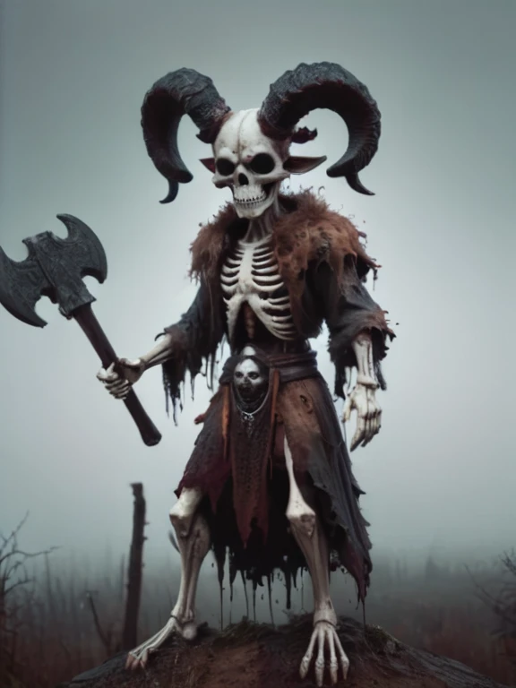full body shot, skeleton with horns, (wearing bloody animal fur:1.8), viking style, looking evil at viewer, grabing viewer, skeleton hand towards viewer,swampy moor background with fog, zkeleton
