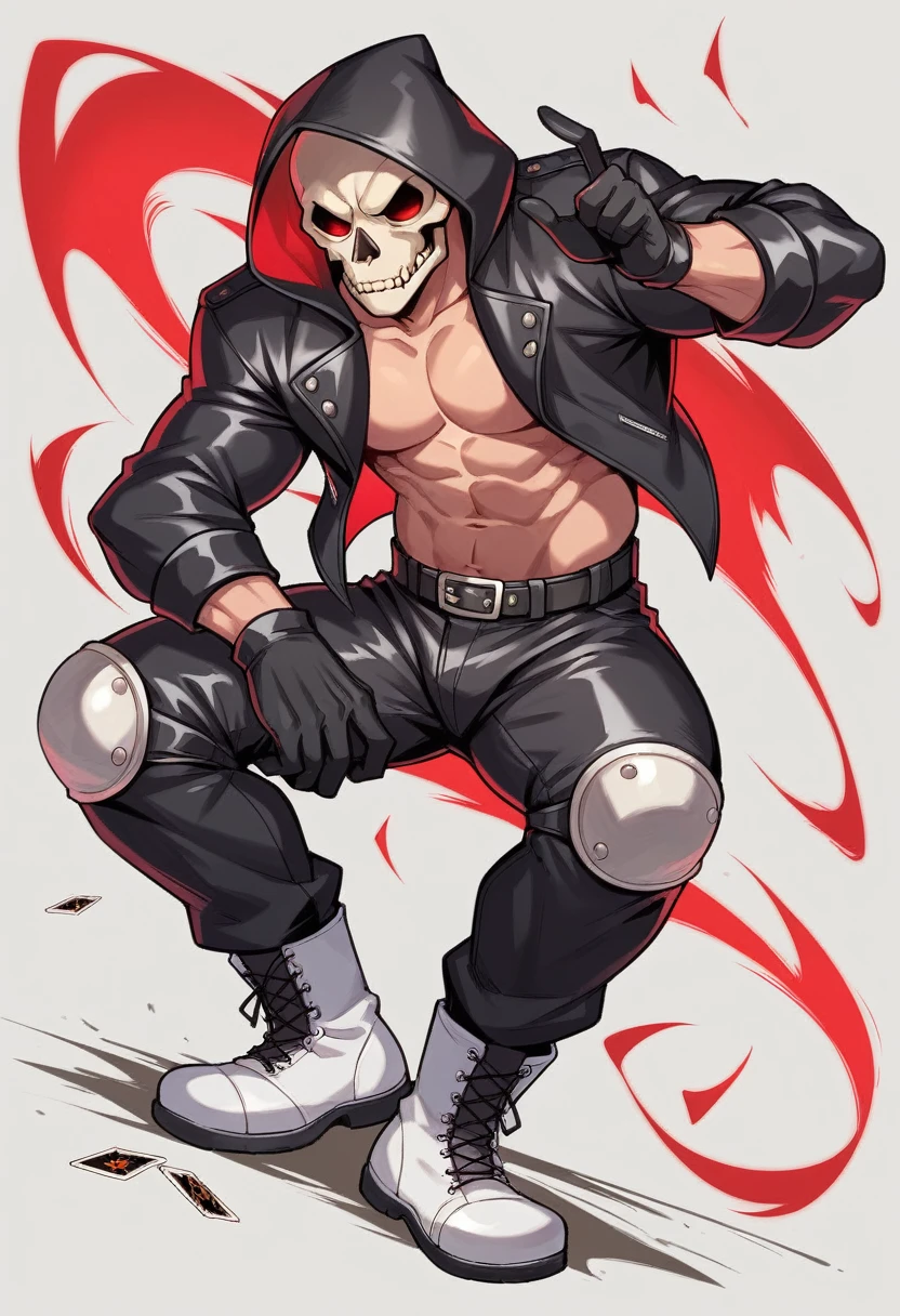 Character card, "front, side and back poses", full body, man with skull head "death", black hood with red stripes, black leather jacket, liced pants, white boots, gray knee pads with pimples, deep eyes and red, athletic "muscular" body, gloves, oz