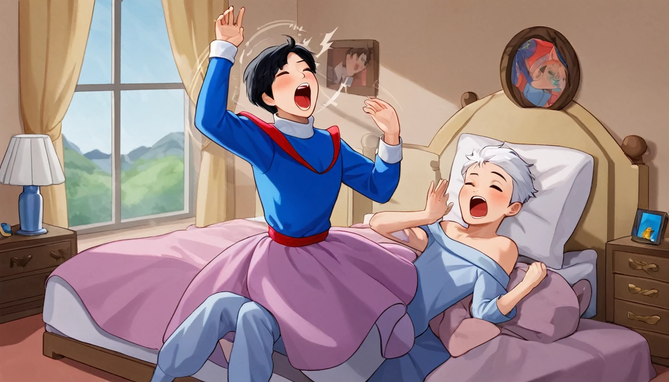 Three kpop boy, (((boy))), snow white short hair, in milky white colored sweater outfit, seated on a bed, inside bedroom, chill lofi, wake up, have a big stretch, Yawn a big long yawn, morning