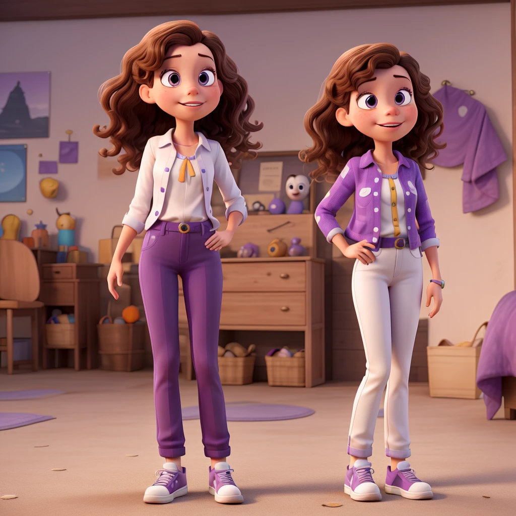 disney pixar character, girl with brown wavy hair, purple and white blouse, purple and white pants and white sneakers